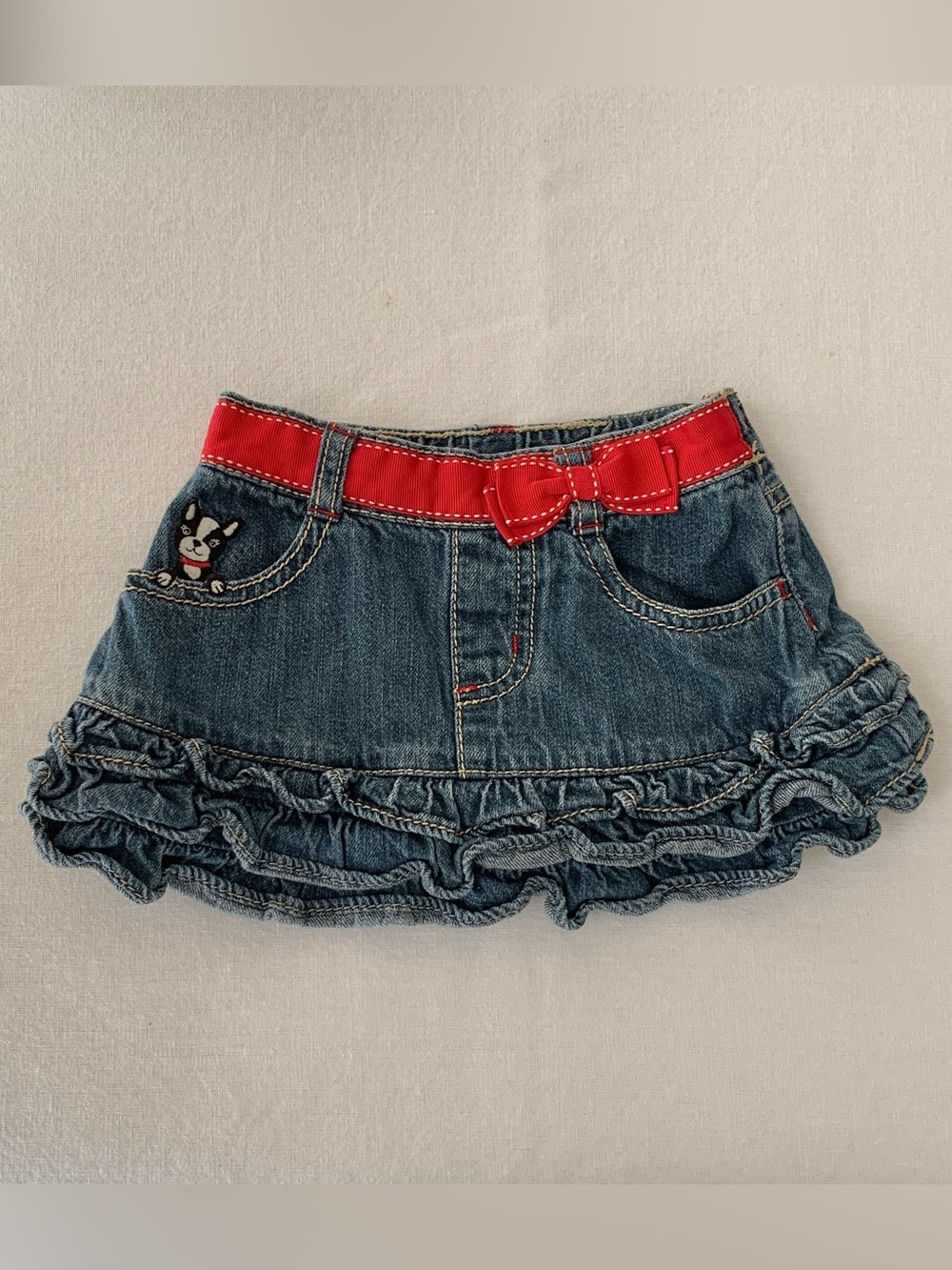 2009 Gymboree Poppy Love Boston Terrier Puppy Dog Embroidered Denim Skirt 18-24M